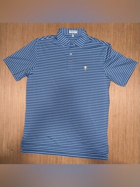 Peter Millar Blue and White Striped Polo with Yellow Logo